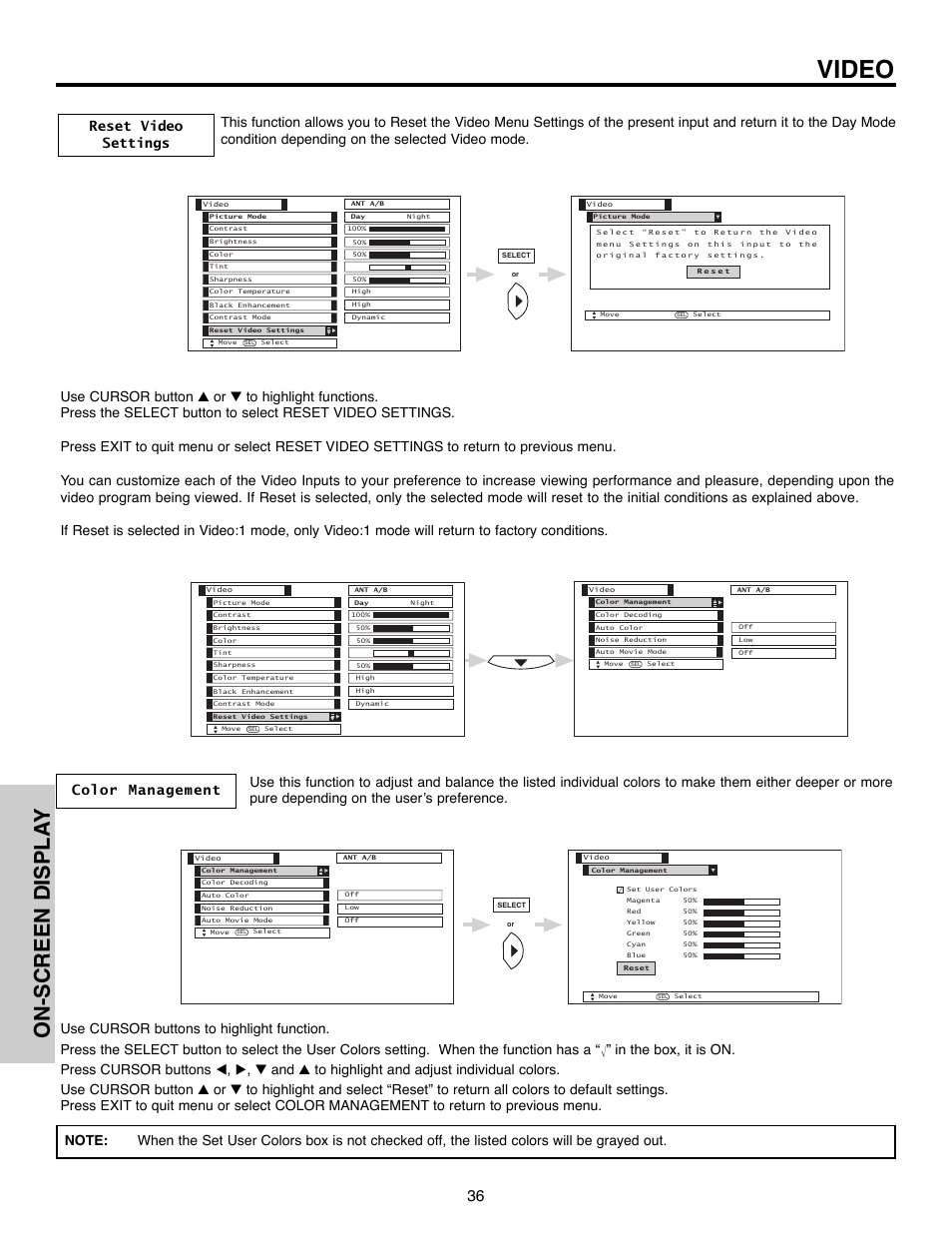 Video, On-screen displa y | Hitachi 50C10E User Manual | Page 36 / 72