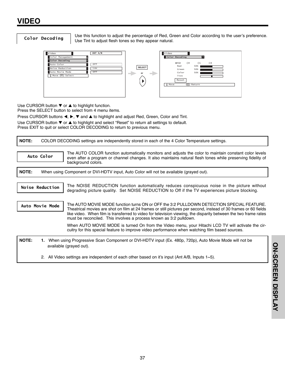 Video, On-screen displa y | Hitachi 50C10E User Manual | Page 37 / 72