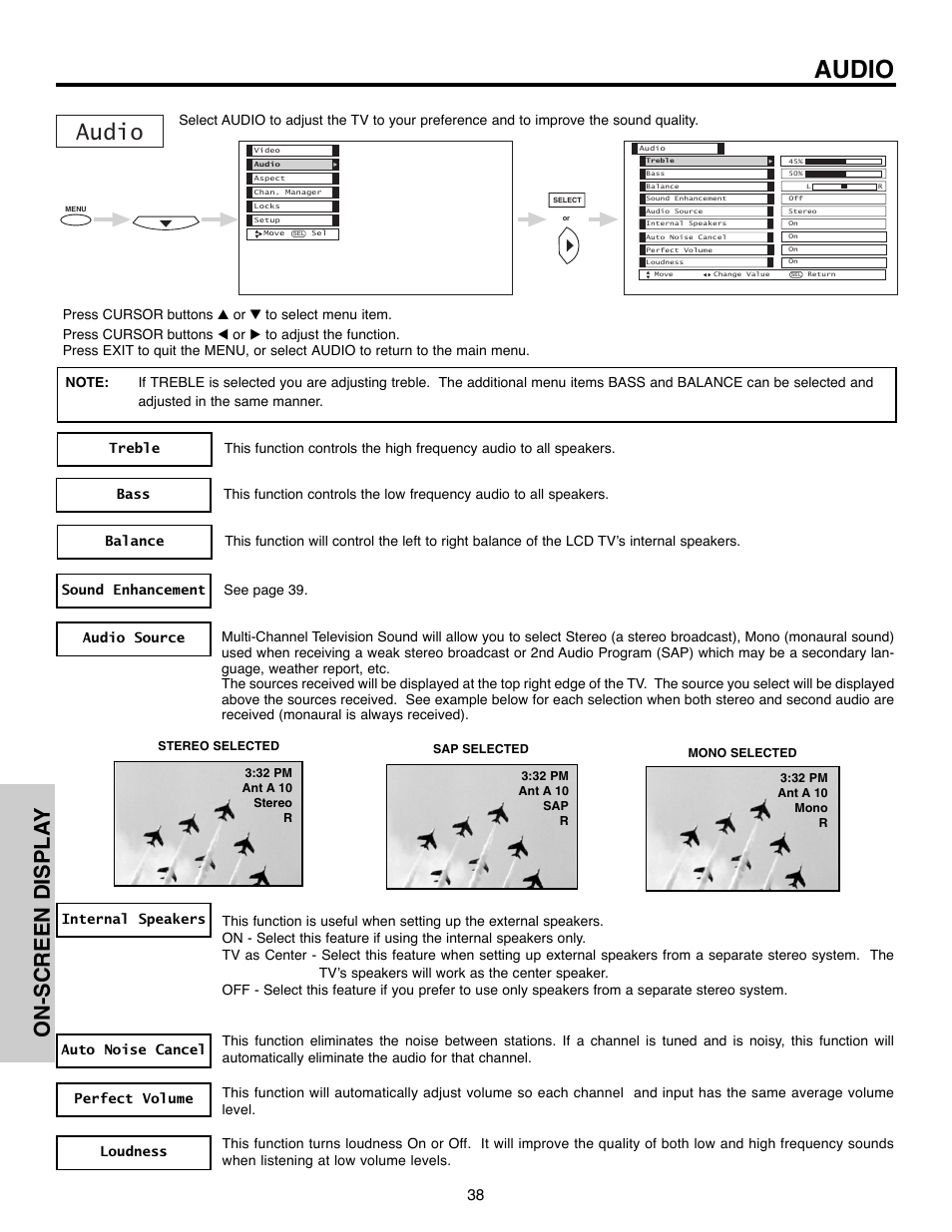 Audio, On-screen displa y | Hitachi 50C10E User Manual | Page 38 / 72