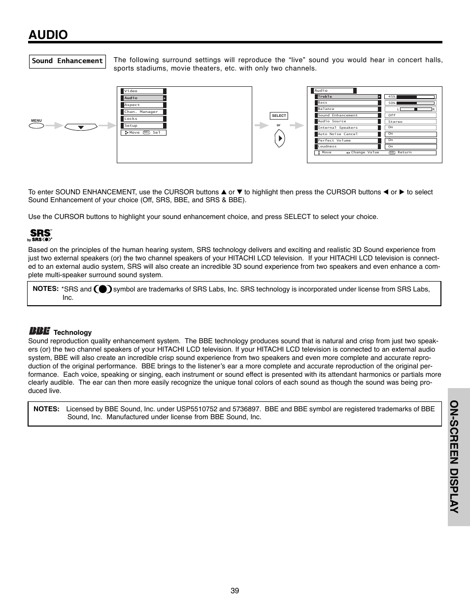 Audio, On-screen displa y | Hitachi 50C10E User Manual | Page 39 / 72