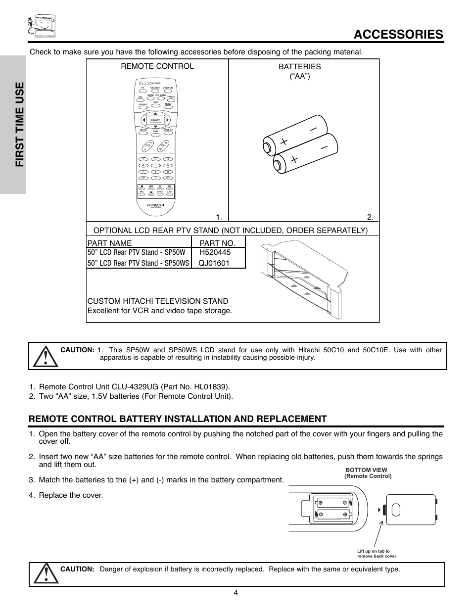 Accessories, First time use, Remote control batteries (“aa”) 1 | Hitachi 50C10E User Manual | Page 4 / 72