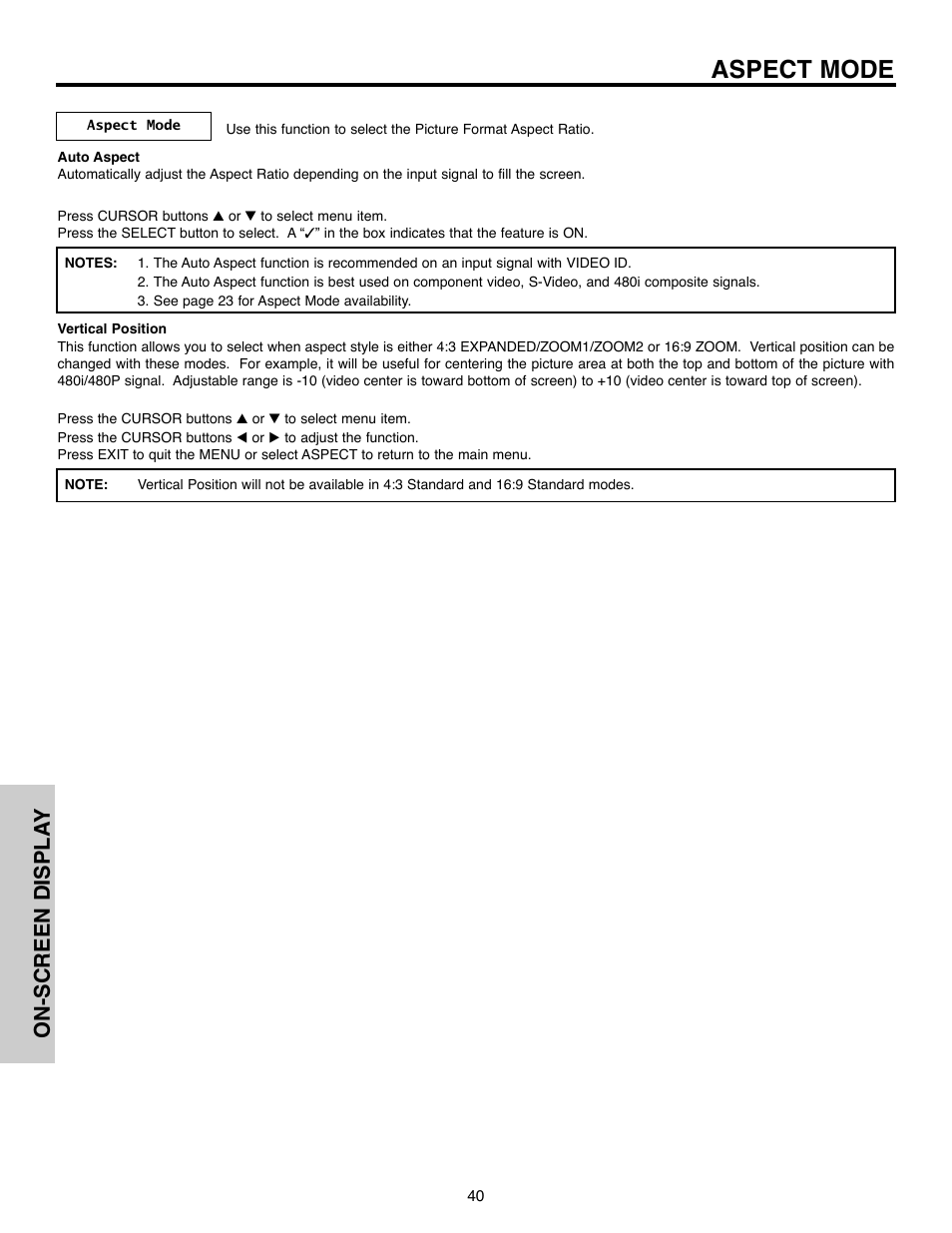 Aspect mode, On-screen displa y | Hitachi 50C10E User Manual | Page 40 / 72