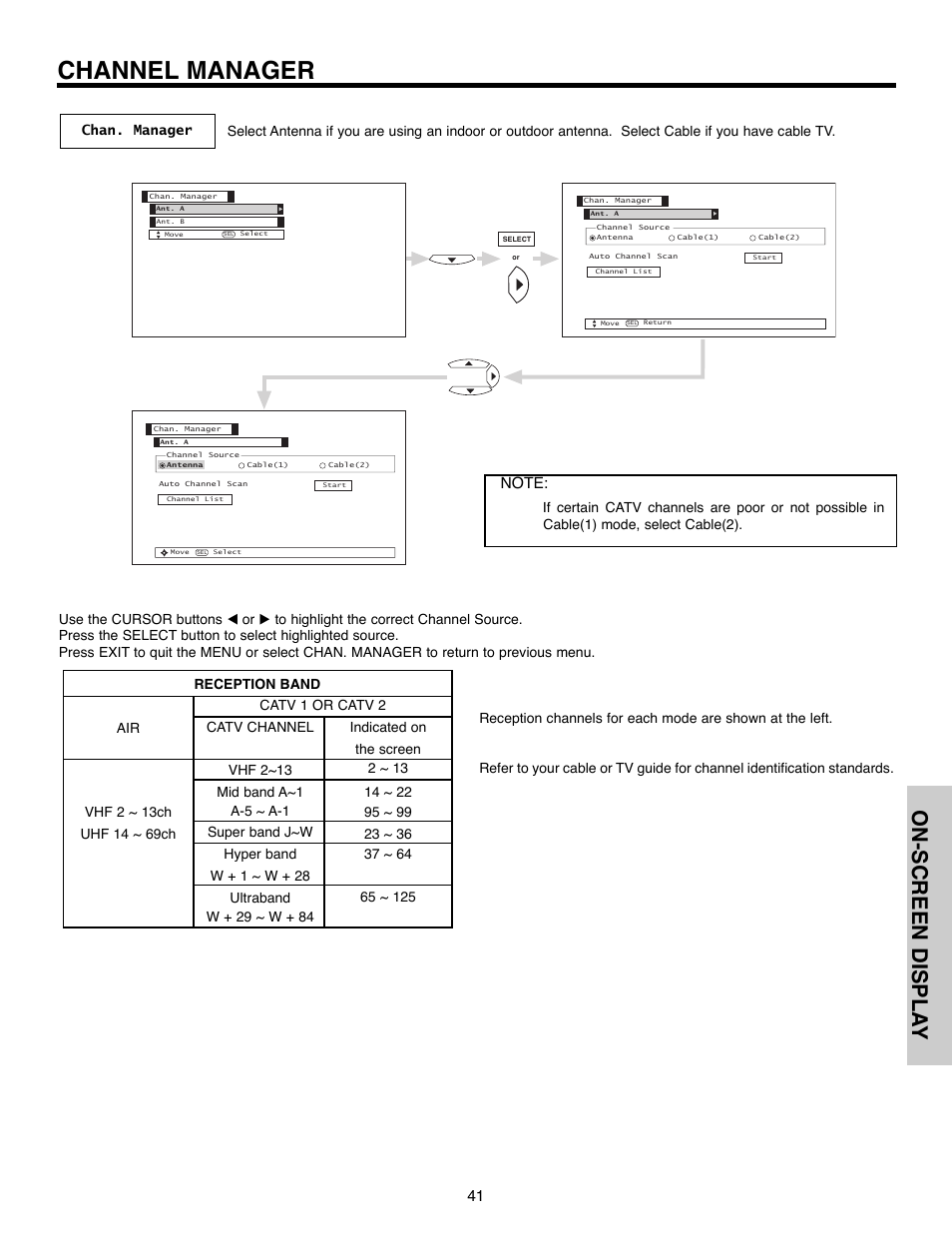 Channel manager, On-screen displa y | Hitachi 50C10E User Manual | Page 41 / 72