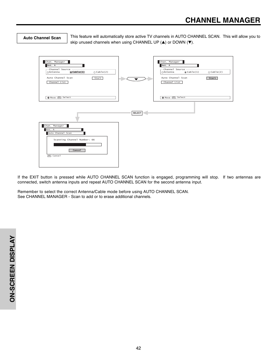 Channel manager, On-screen displa y | Hitachi 50C10E User Manual | Page 42 / 72