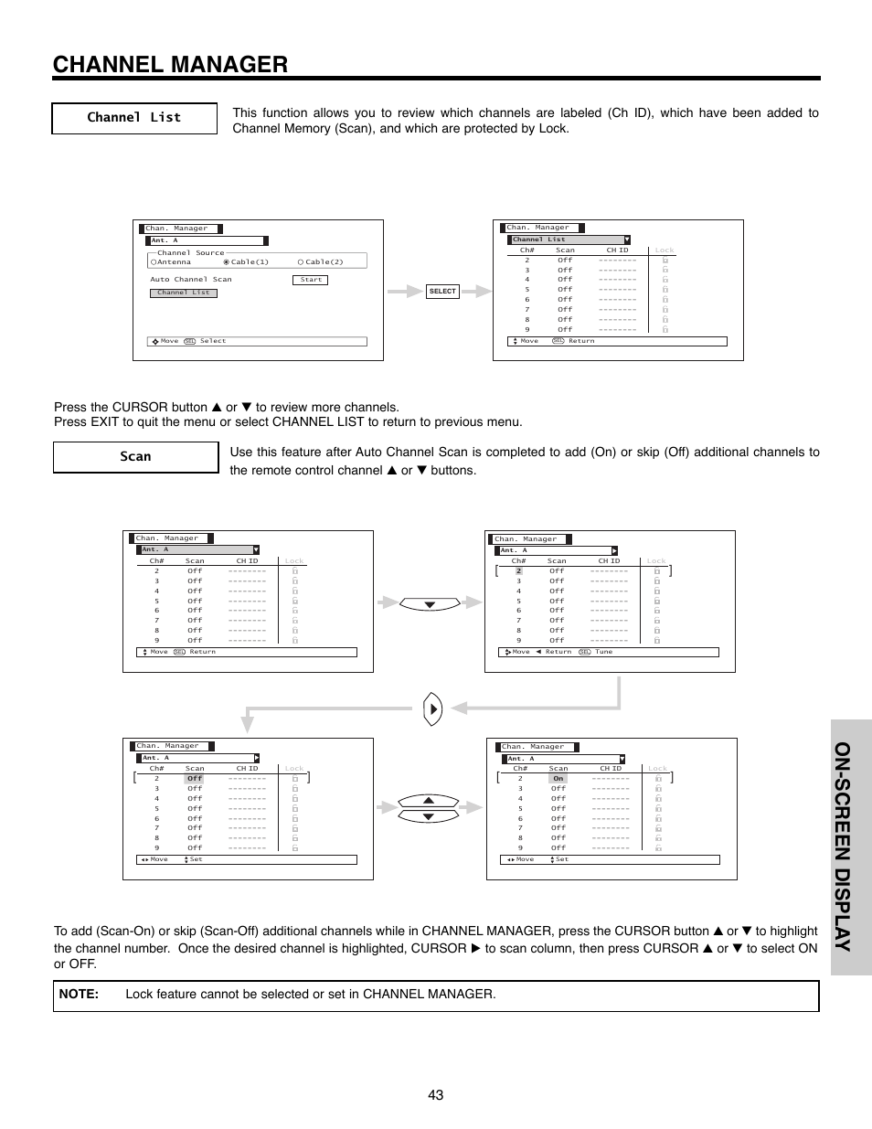 Channel manager, On-screen displa y | Hitachi 50C10E User Manual | Page 43 / 72