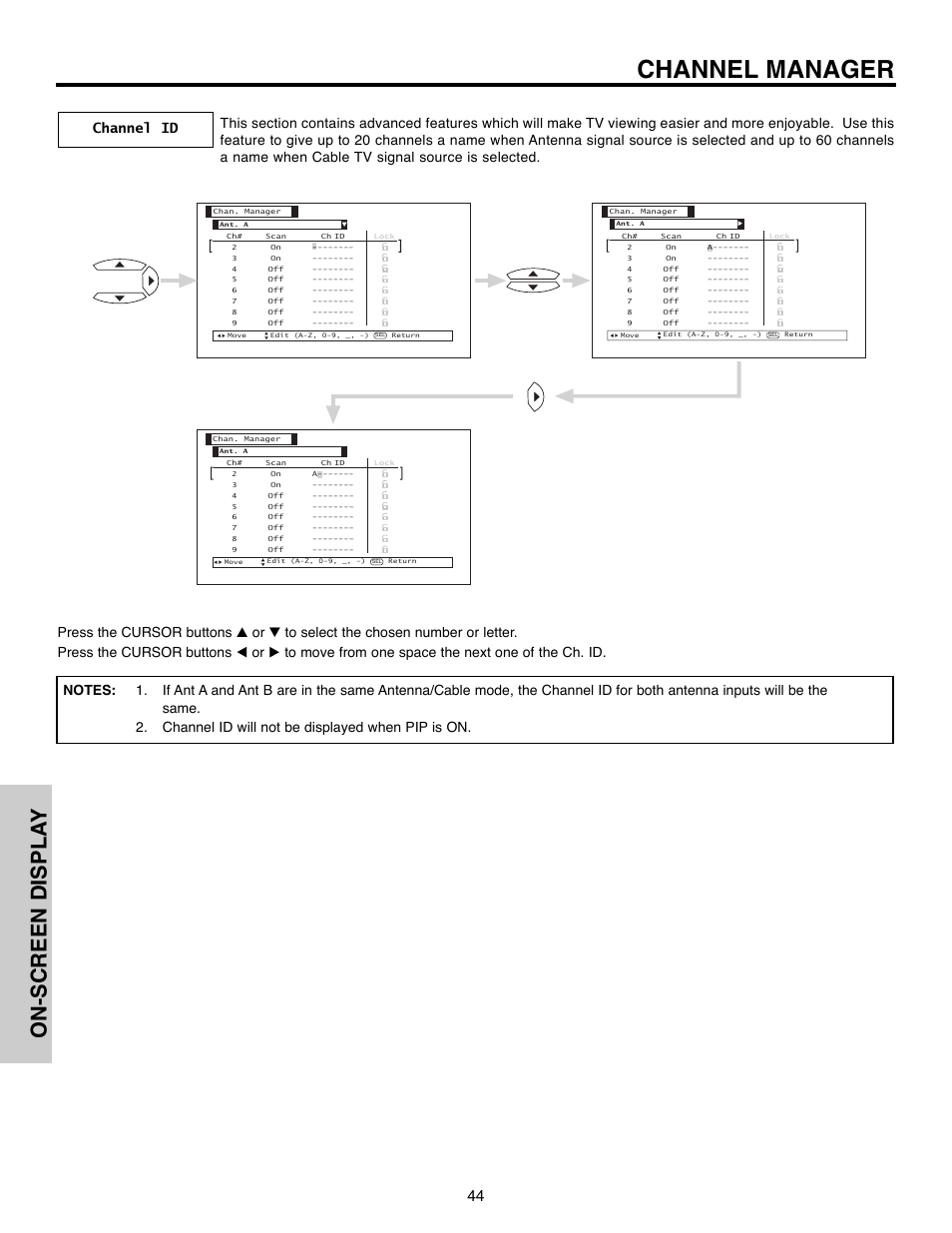 Channel manager, On-screen displa y | Hitachi 50C10E User Manual | Page 44 / 72