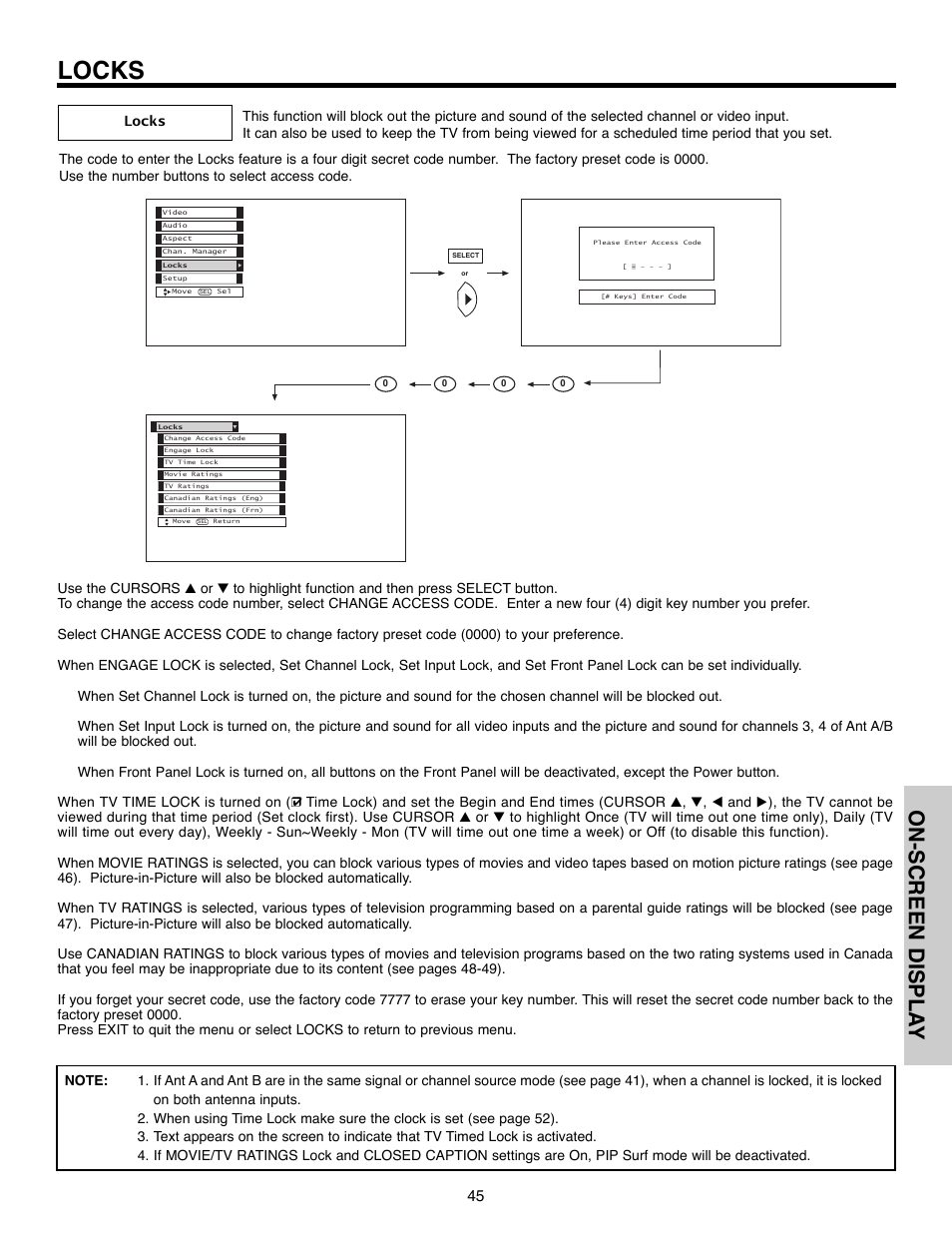 Locks, On-screen displa y | Hitachi 50C10E User Manual | Page 45 / 72