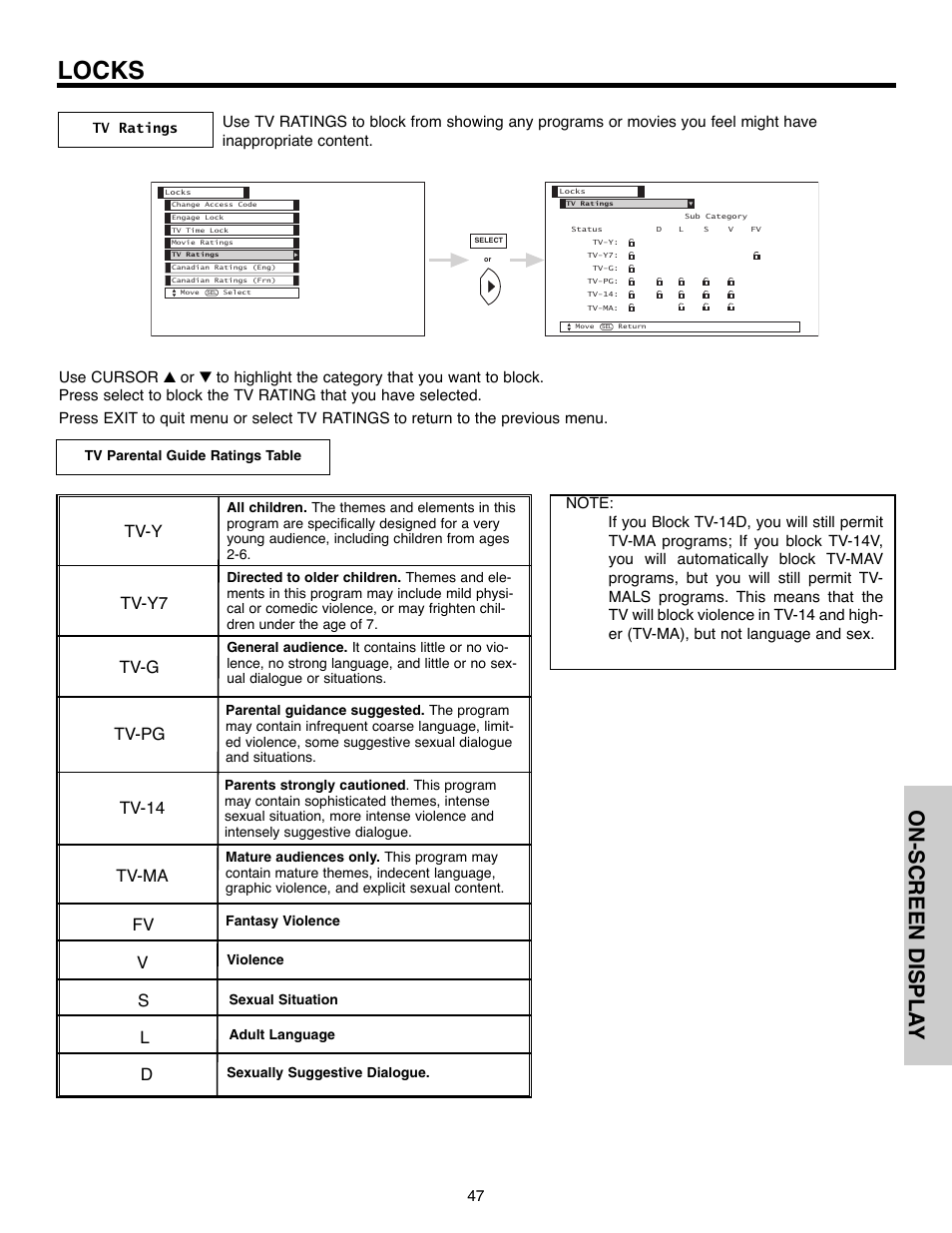 Locks, On-screen displa y, Tv-y tv-y7 tv-g tv-pg tv-14 tv-ma | Hitachi 50C10E User Manual | Page 47 / 72