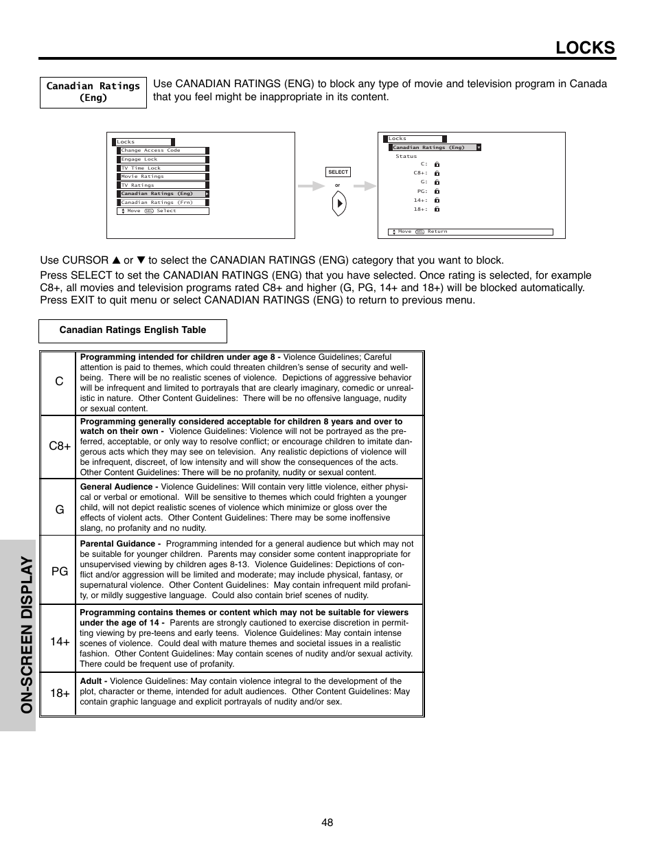 Locks, On-screen displa y | Hitachi 50C10E User Manual | Page 48 / 72