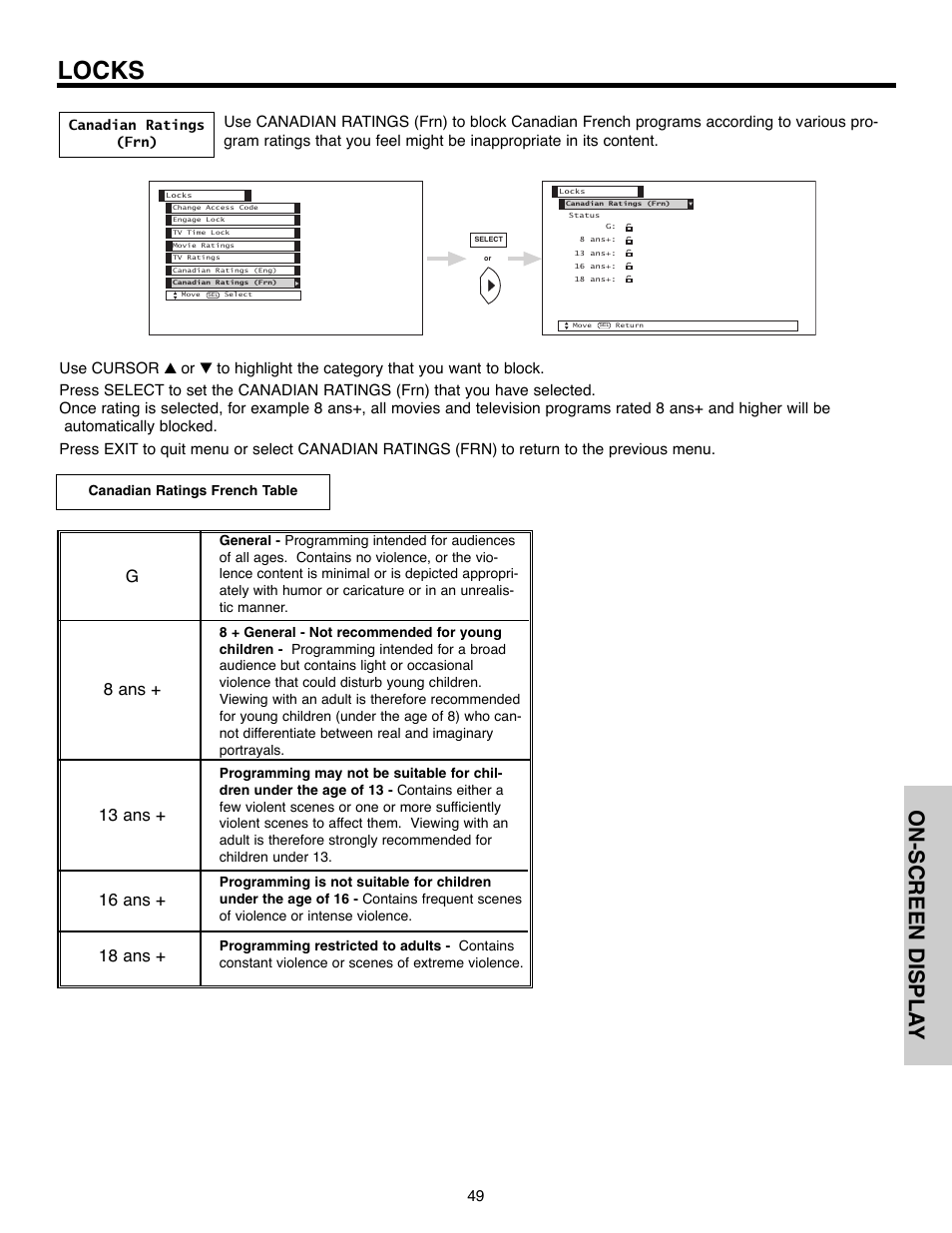 Locks, On-screen displa y | Hitachi 50C10E User Manual | Page 49 / 72