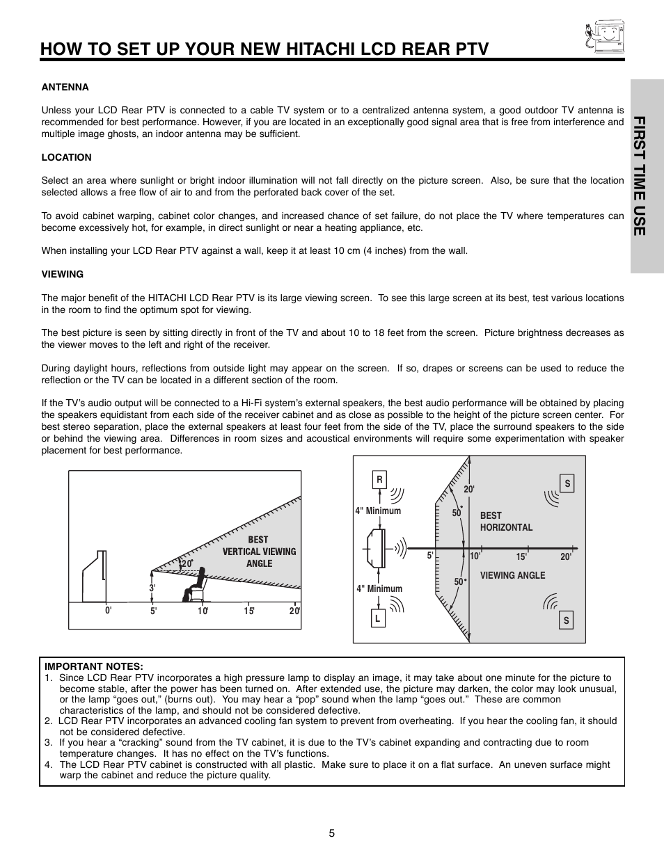 How to set up your new hitachi lcd rear ptv, First time use | Hitachi 50C10E User Manual | Page 5 / 72