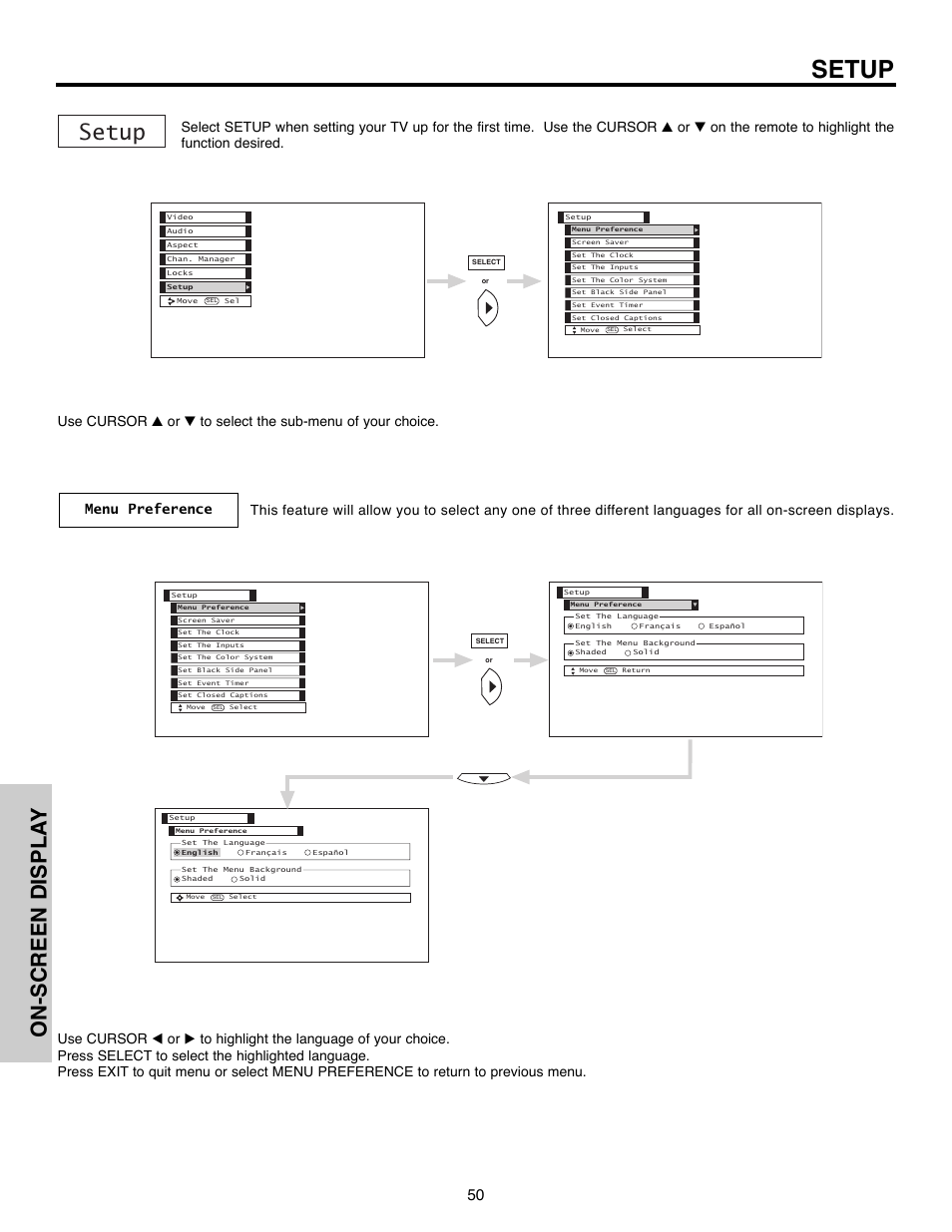 Setup, On-screen displa y | Hitachi 50C10E User Manual | Page 50 / 72