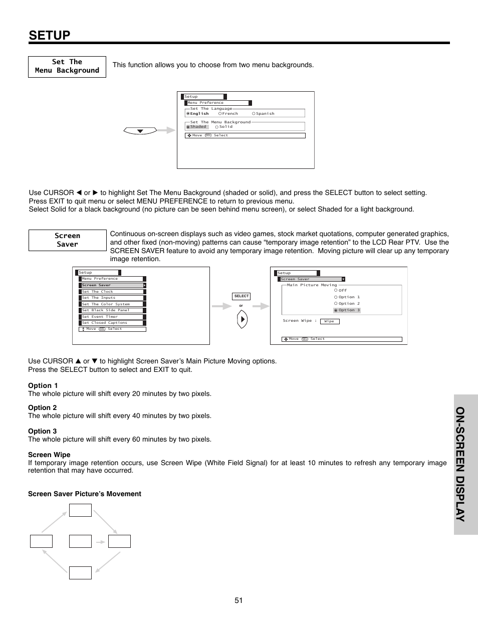 Setup, On-screen displa y | Hitachi 50C10E User Manual | Page 51 / 72