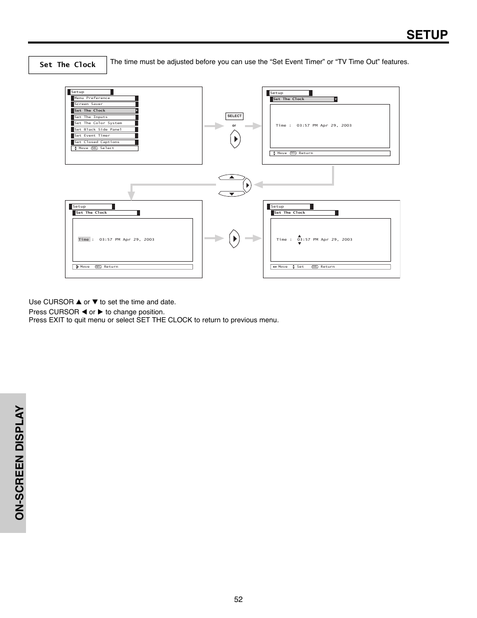 Setup, On-screen displa y | Hitachi 50C10E User Manual | Page 52 / 72