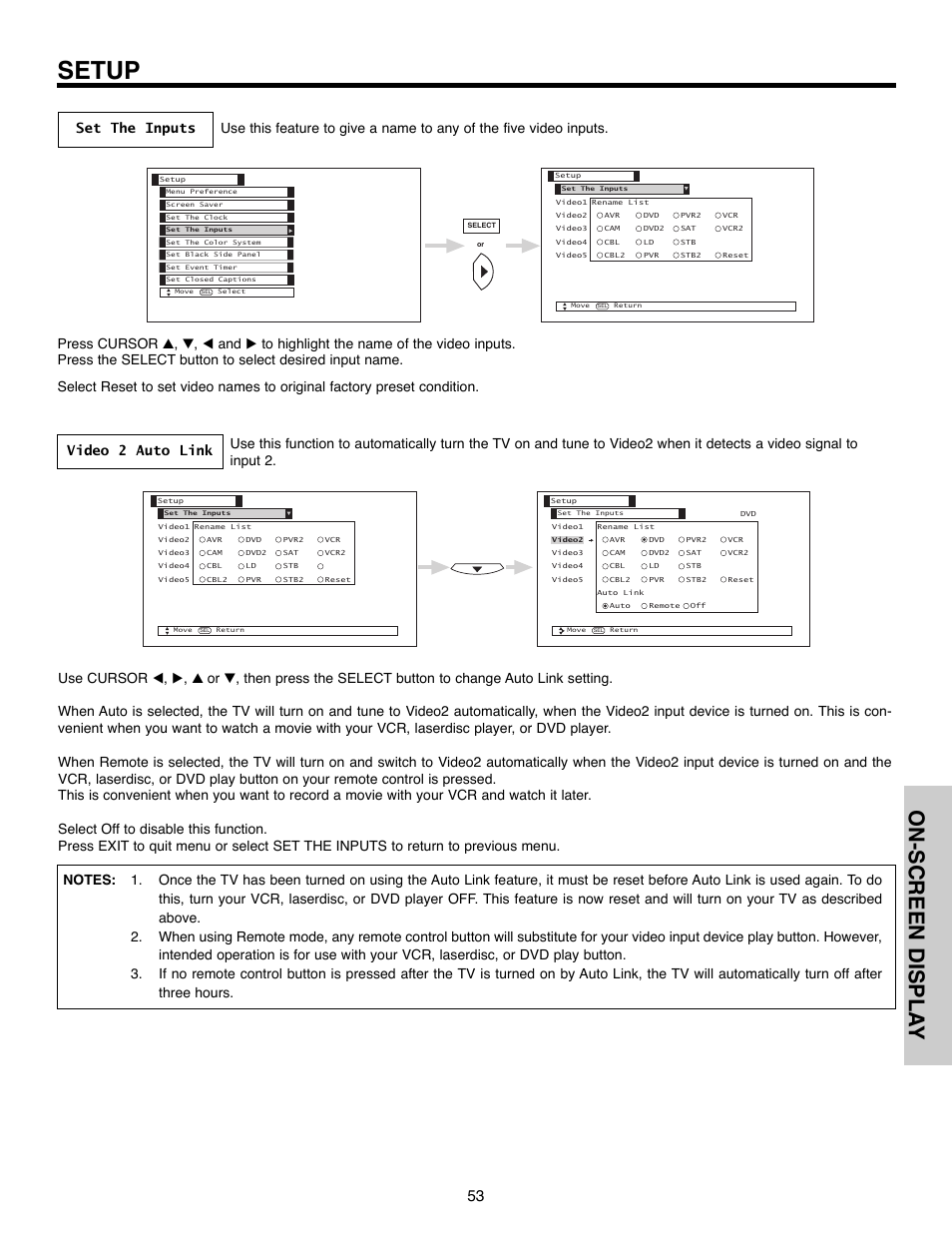 Setup, On-screen displa y | Hitachi 50C10E User Manual | Page 53 / 72