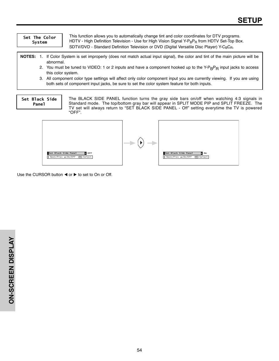 Setup, On-screen displa y | Hitachi 50C10E User Manual | Page 54 / 72