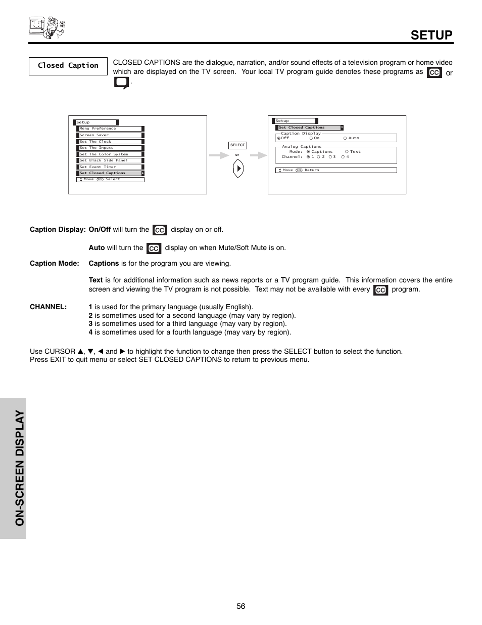 Setup, On-screen displa y, Closed caption | Hitachi 50C10E User Manual | Page 56 / 72