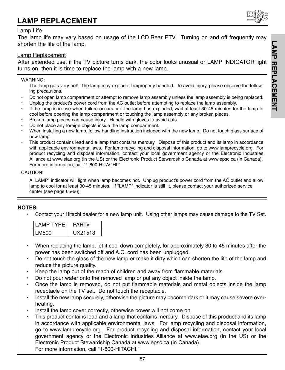 Lamp replacement | Hitachi 50C10E User Manual | Page 57 / 72