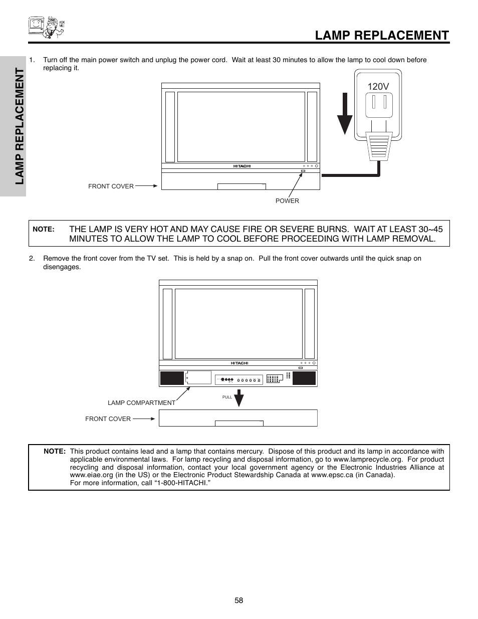 Lamp replacement, 120v | Hitachi 50C10E User Manual | Page 58 / 72