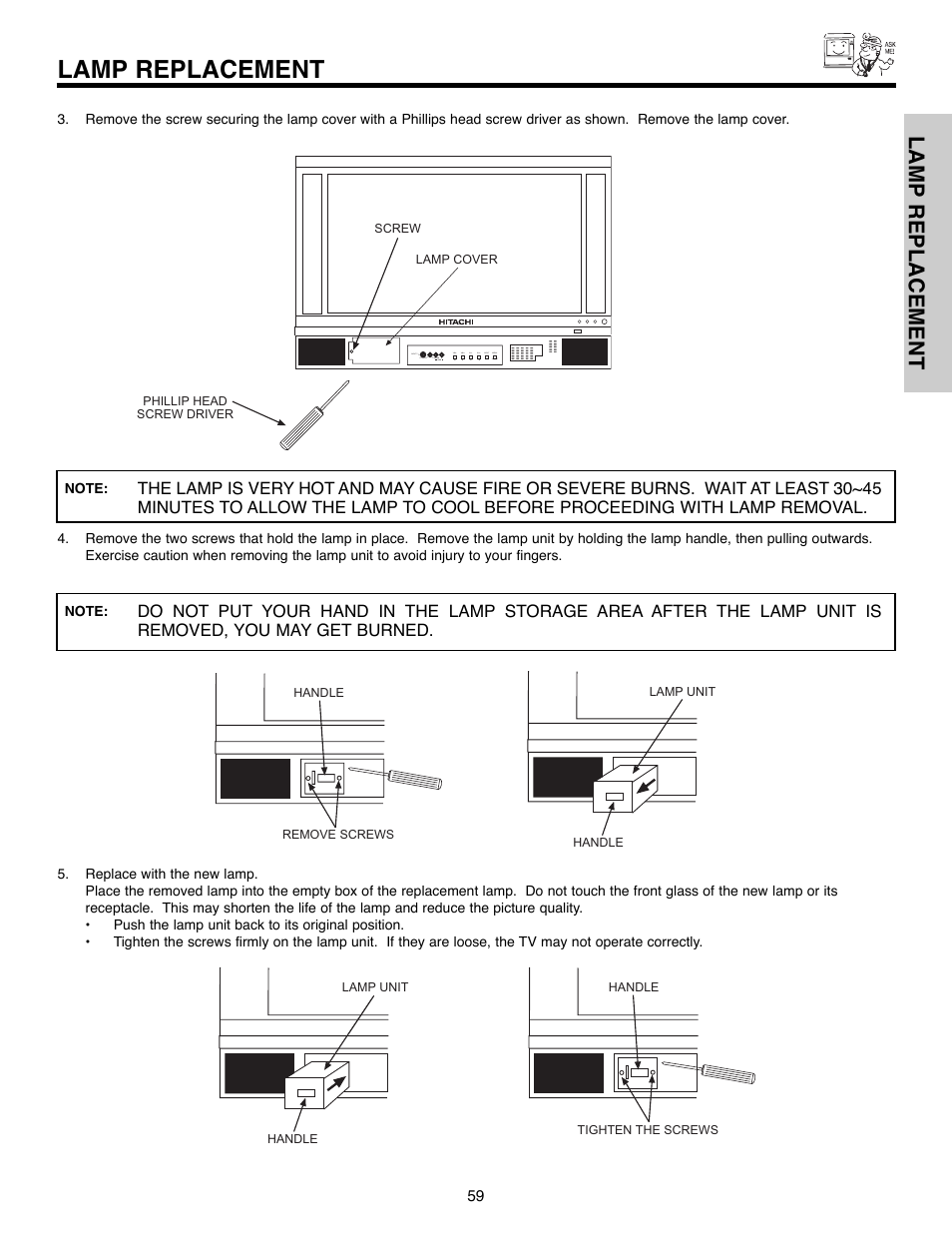 Lamp replacement | Hitachi 50C10E User Manual | Page 59 / 72