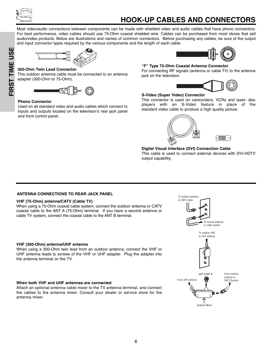 Hook-up cables and connectors, First time use | Hitachi 50C10E User Manual | Page 6 / 72