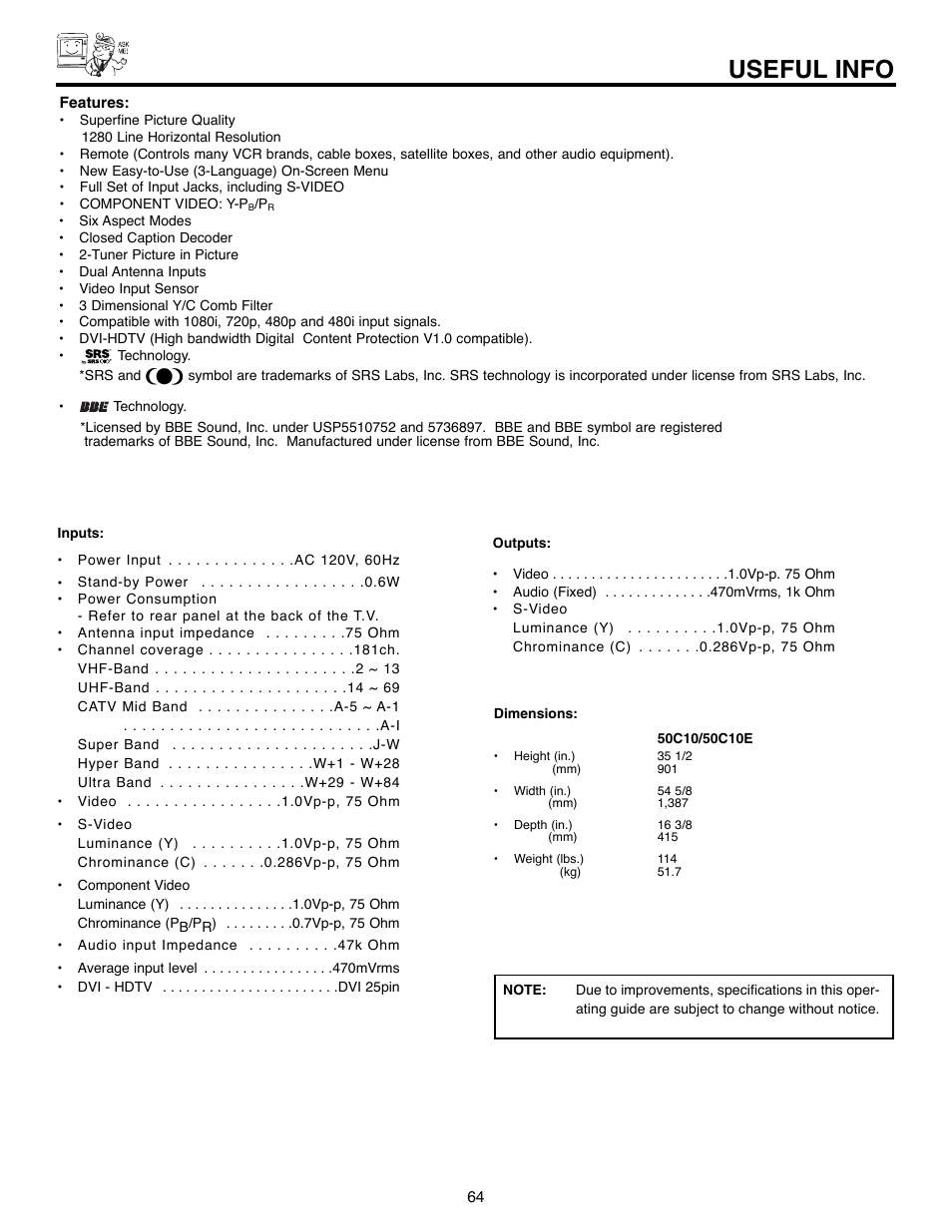 Useful info | Hitachi 50C10E User Manual | Page 64 / 72