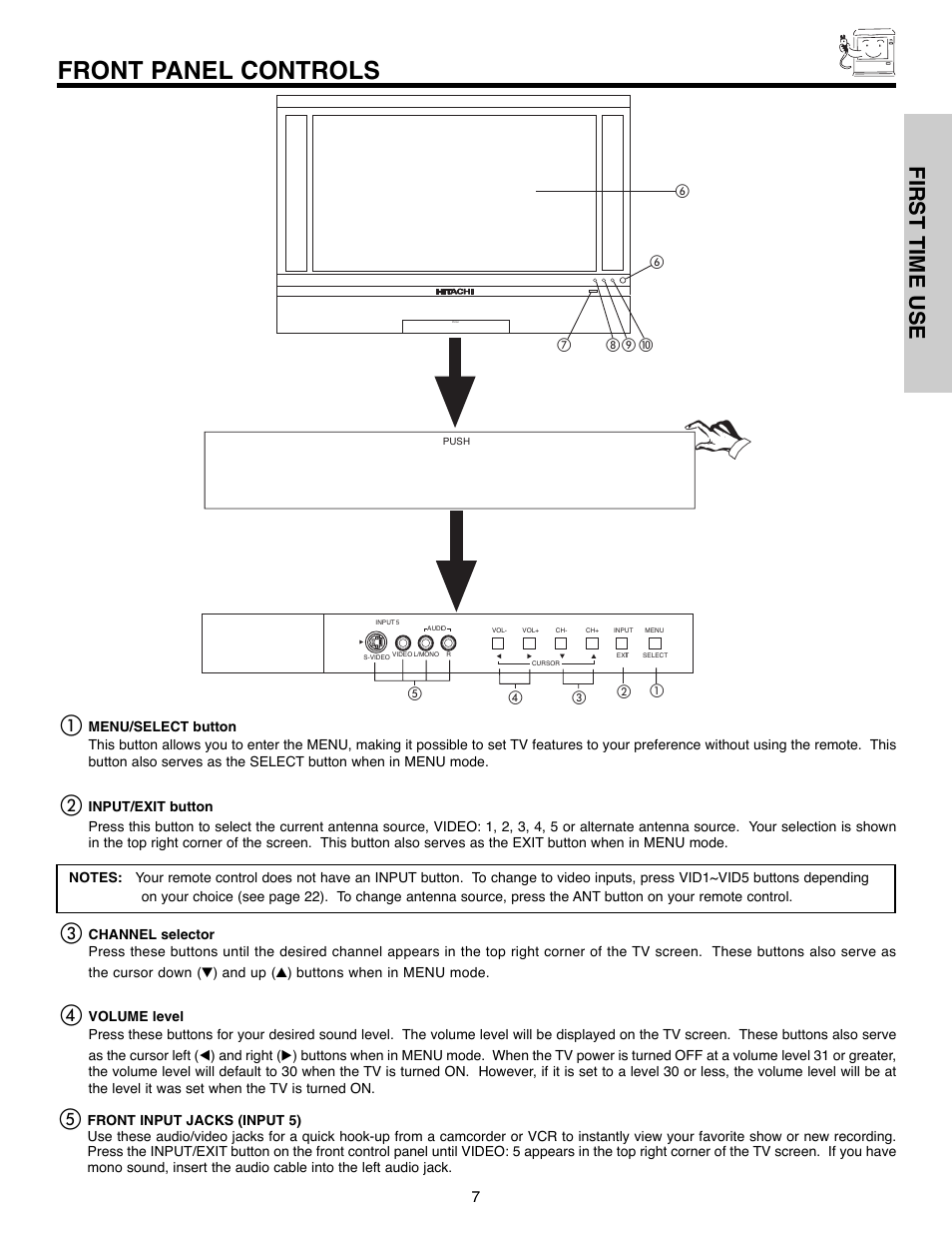 Front panel controls, First time use | Hitachi 50C10E User Manual | Page 7 / 72