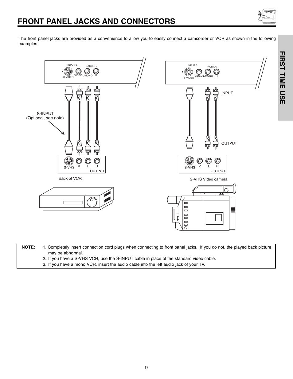 Front panel jacks and connectors, First time use | Hitachi 50C10E User Manual | Page 9 / 72