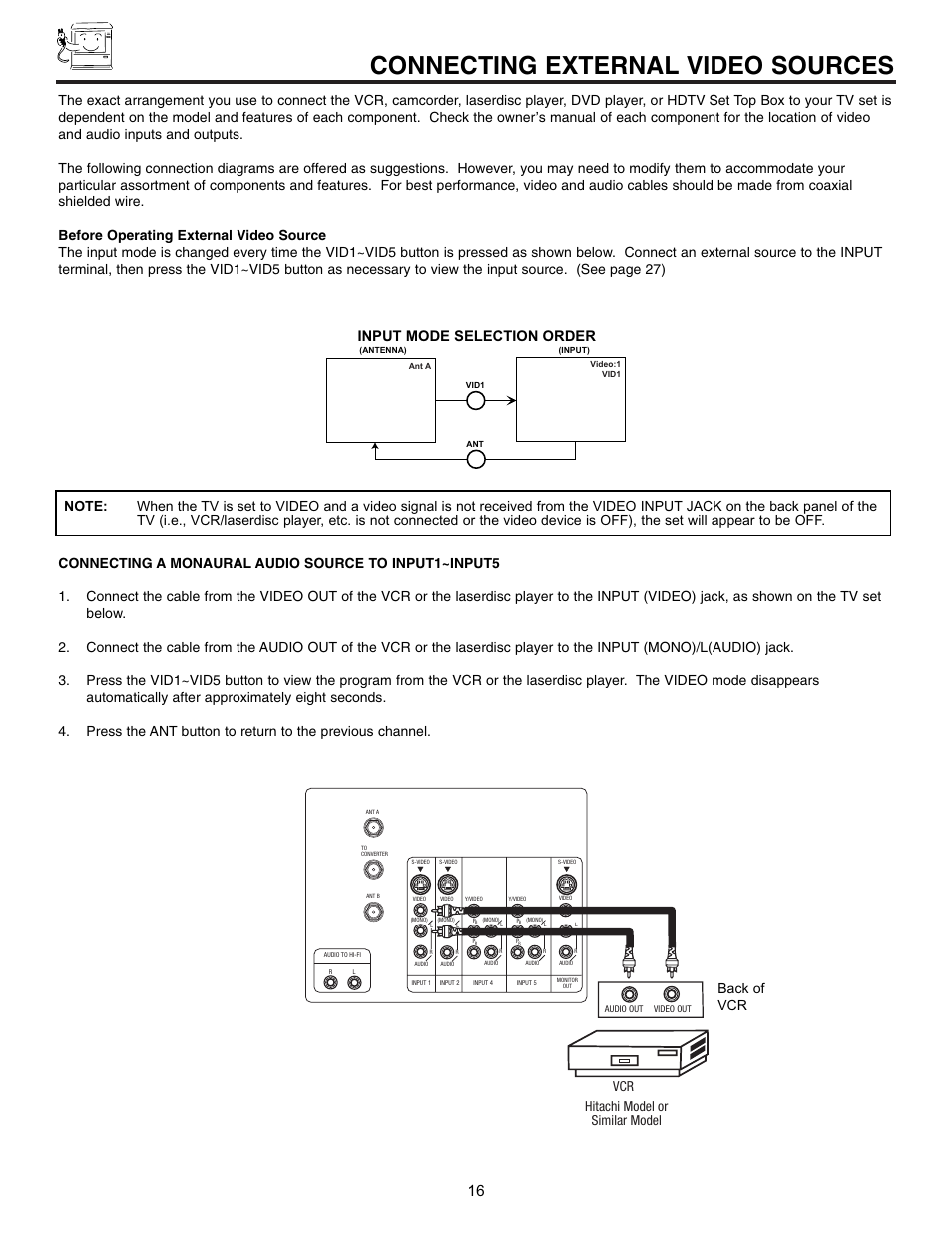 Connecting external video sources, Back of vcr, Hitachi model or similar model | Hitachi 43FDX10B User Manual | Page 16 / 68