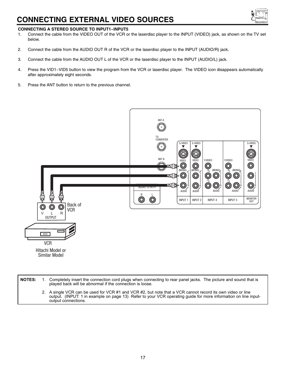 Connecting external video sources, Hitachi model or similar model back of vcr | Hitachi 43FDX10B User Manual | Page 17 / 68