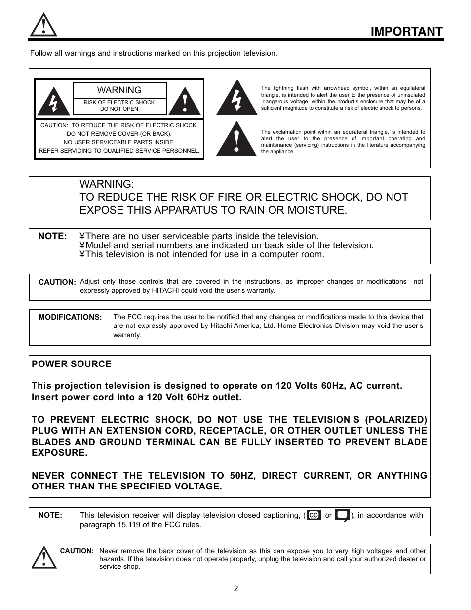 Important | Hitachi 43FDX10B User Manual | Page 2 / 68