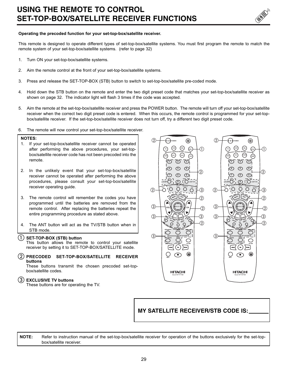 My satellite receiver/stb code is | Hitachi 43FDX10B User Manual | Page 29 / 68