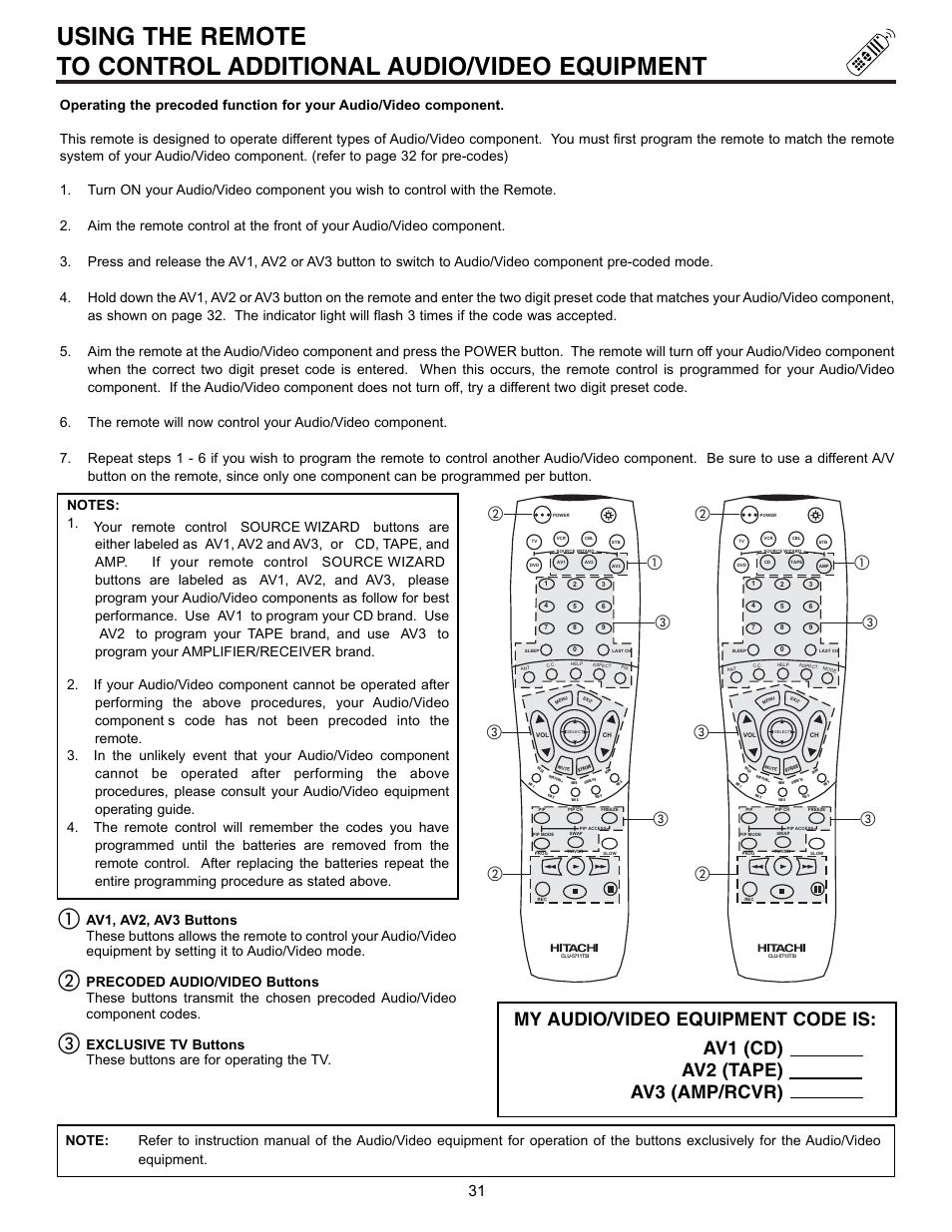 My audio/video equipment code is, Av1 (cd) av2 (tape) av3 (amp/rcvr) | Hitachi 43FDX10B User Manual | Page 31 / 68