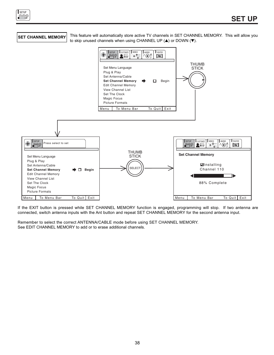 Set up, Thumb stick thumb stick | Hitachi 43FDX10B User Manual | Page 38 / 68
