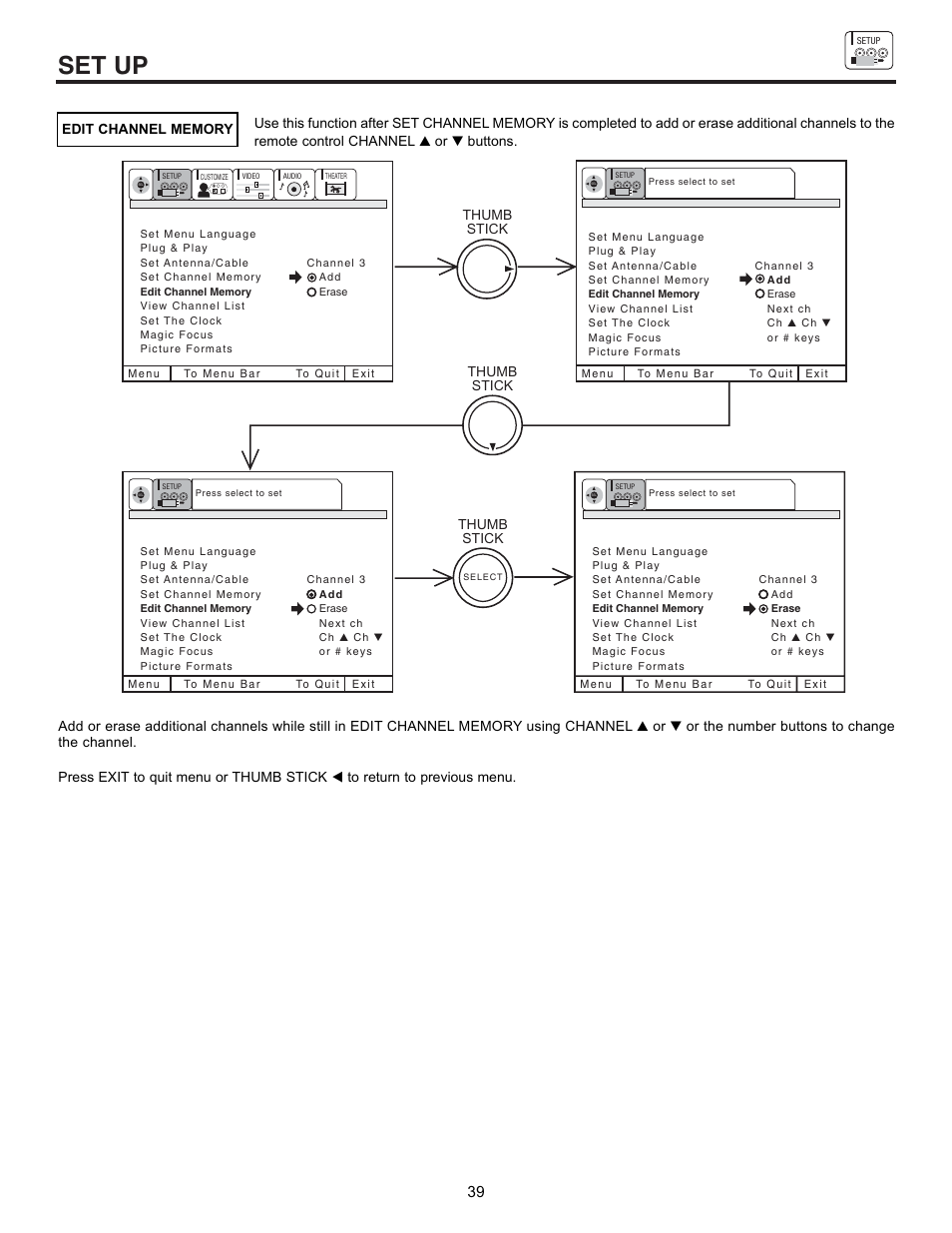 Set up, Thumb stick, Thumb stick thumb stick | Hitachi 43FDX10B User Manual | Page 39 / 68