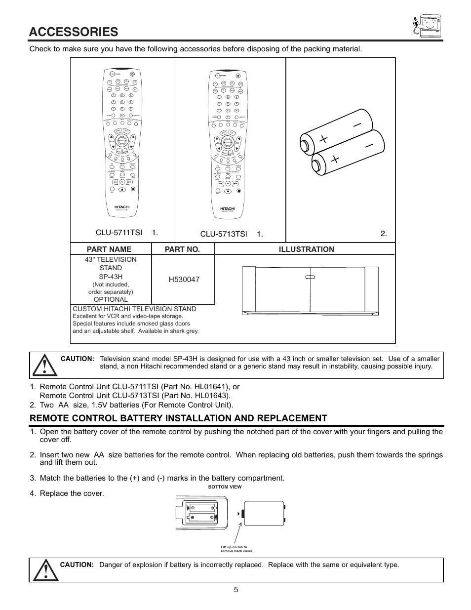 Accessories, Part name part no. illustration, 43" television stand sp-43h | Optional, Custom hitachi television stand, Not included, order separately), Bottom view | Hitachi 43FDX10B User Manual | Page 5 / 68