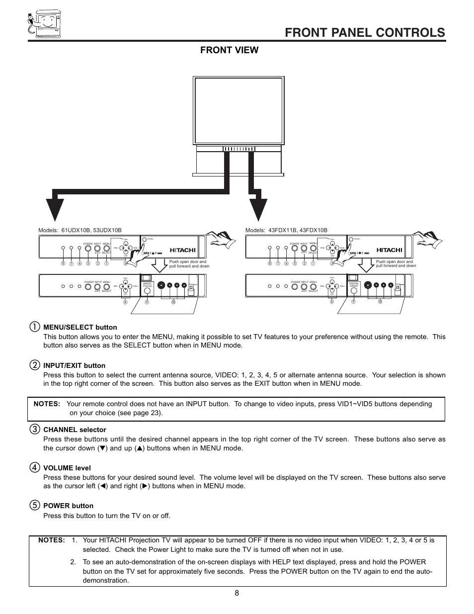 Front panel controls, Front view | Hitachi 43FDX10B User Manual | Page 8 / 68