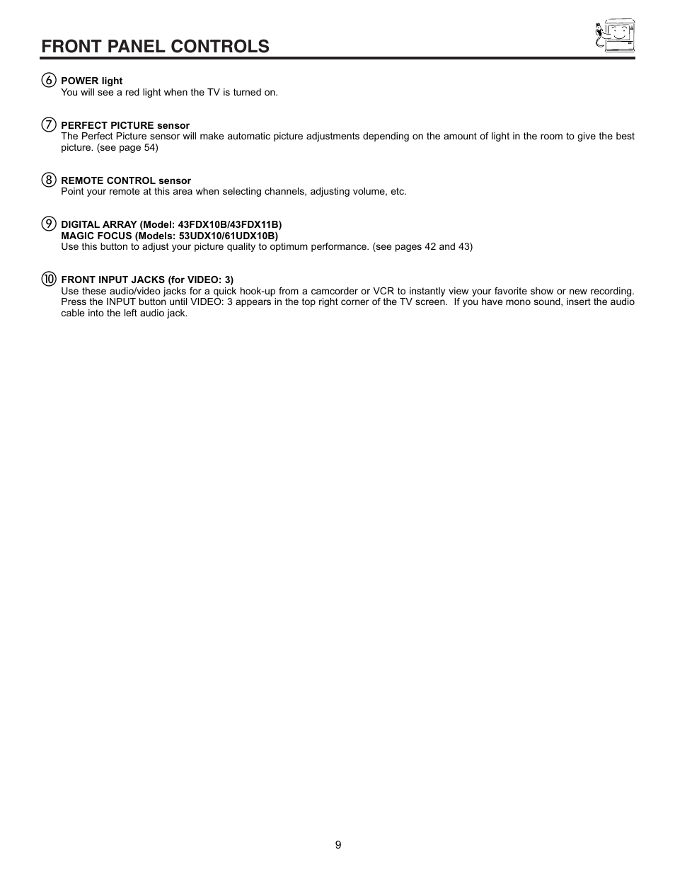 Front panel controls | Hitachi 43FDX10B User Manual | Page 9 / 68