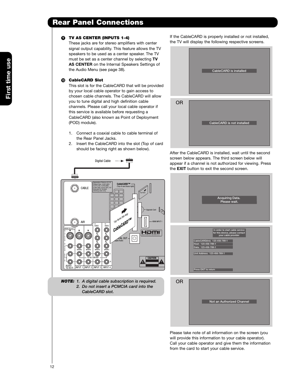 Rear panel connections, First time use, Cablecard | Hitachi 50V720 User Manual | Page 12 / 72