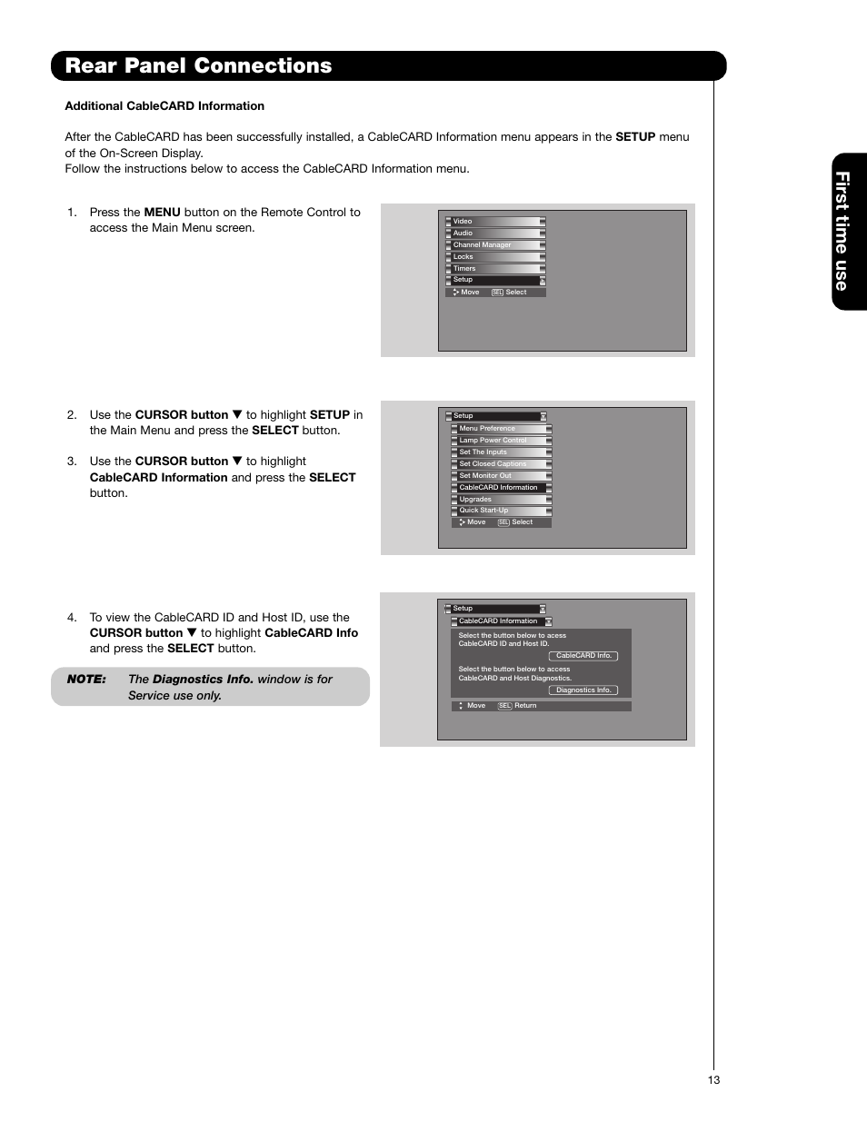 Rear panel connections, First time use | Hitachi 50V720 User Manual | Page 13 / 72