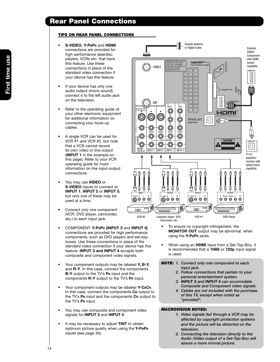 Rear panel connections, First time use, Tips on rear panel connections • s-video , y-p | Input and the components r-y output to the tv’s p, Input. • your component outputs may be labeled y-c, Output to the tv’s p, Input and the components c | Hitachi 50V720 User Manual | Page 14 / 72