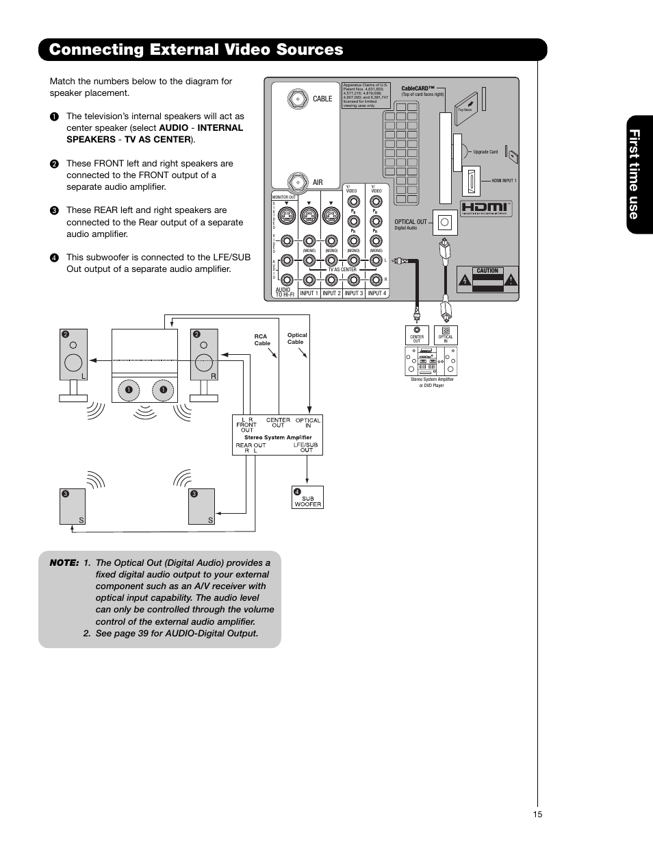 Connecting external video sources, First time use | Hitachi 50V720 User Manual | Page 15 / 72