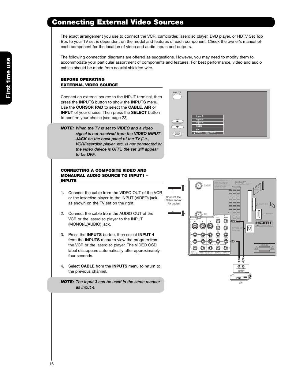Connecting external video sources, First time use | Hitachi 50V720 User Manual | Page 16 / 72