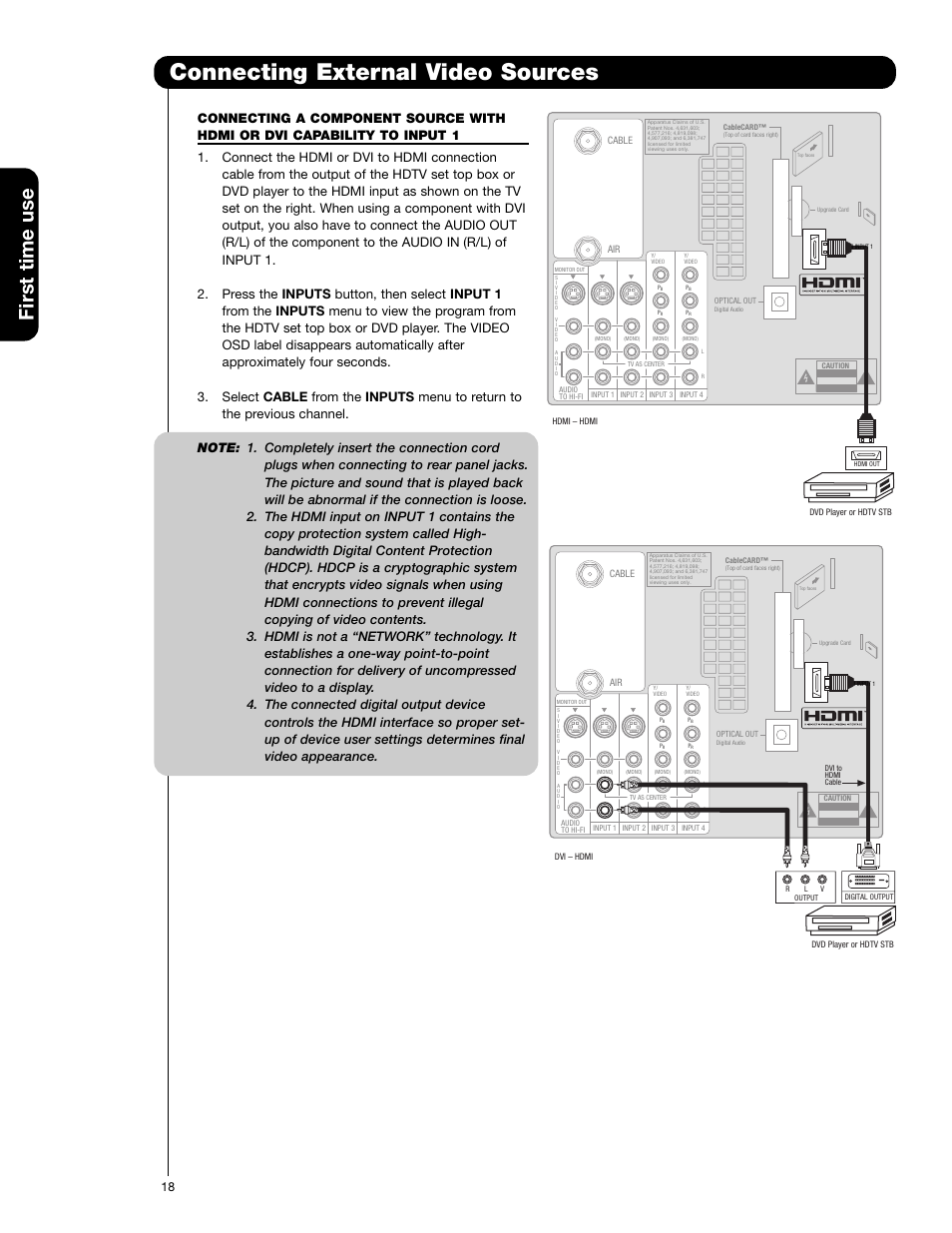 Connecting external video sources, First time use | Hitachi 50V720 User Manual | Page 18 / 72