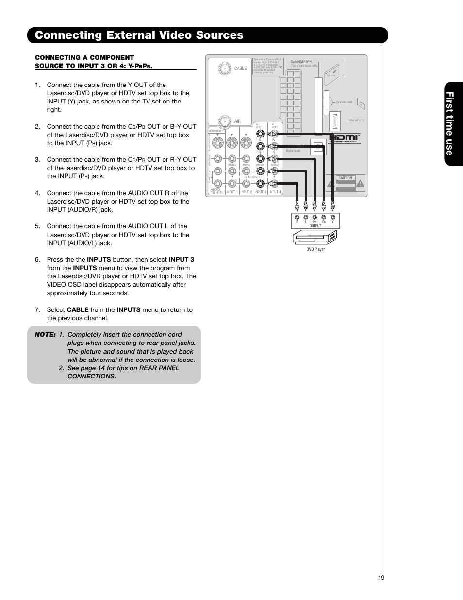 Connecting external video sources, First time use, Connecting a component source to input 3 or 4: y-p | Jack. 3. connect the cable from the c | Hitachi 50V720 User Manual | Page 19 / 72