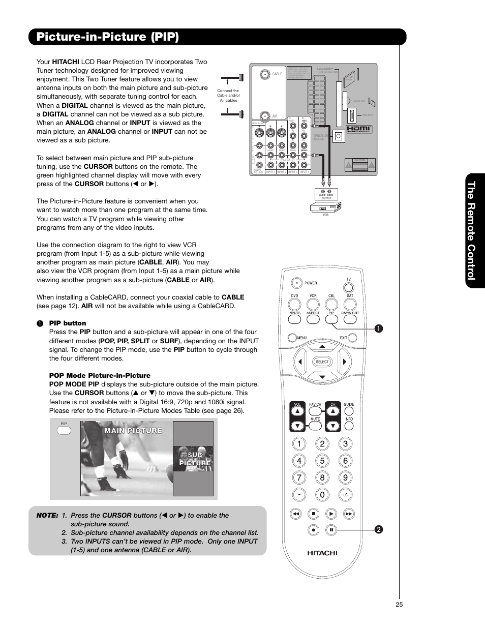 Picture-in-picture (pip), The remote contr ol, Main picture | Sub picture picture | Hitachi 50V720 User Manual | Page 25 / 72