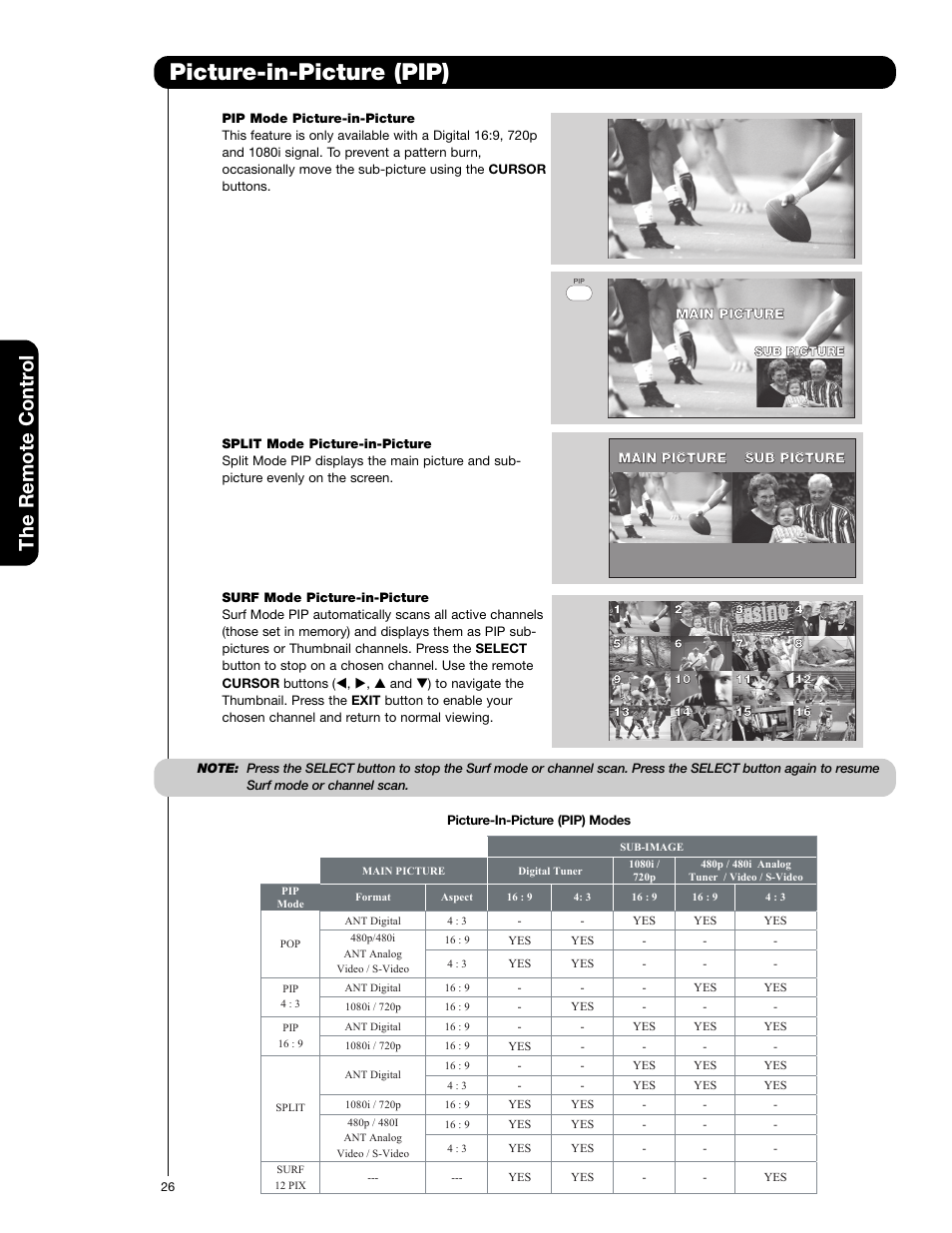 Picture-in-picture (pip), The remote contr ol | Hitachi 50V720 User Manual | Page 26 / 72
