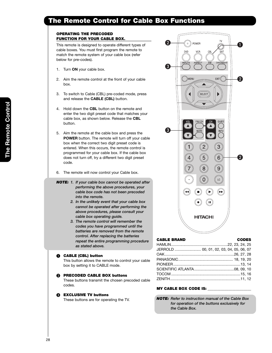 The remote control for cable box functions, The remote contr ol | Hitachi 50V720 User Manual | Page 28 / 72