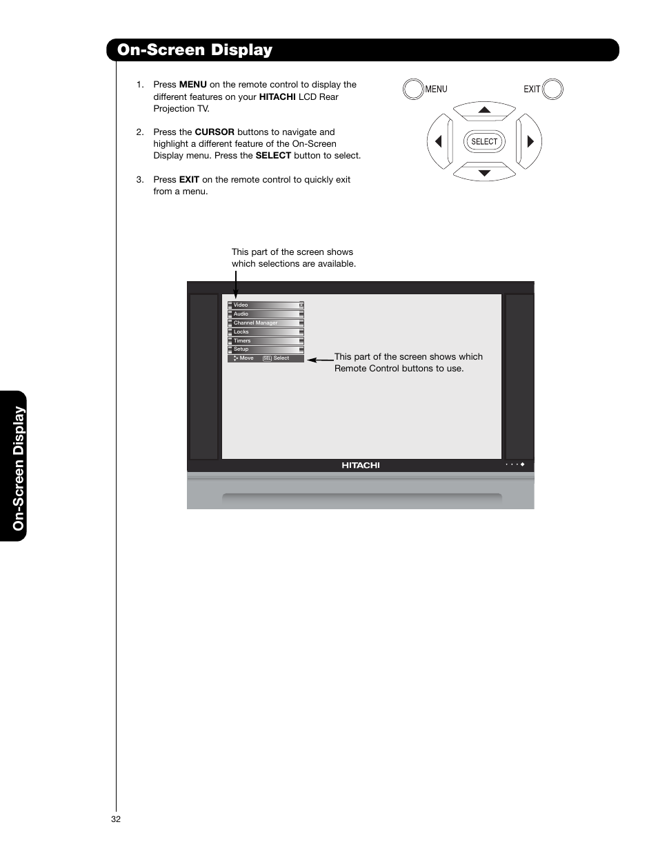 On-screen display, On-scr een display | Hitachi 50V720 User Manual | Page 32 / 72