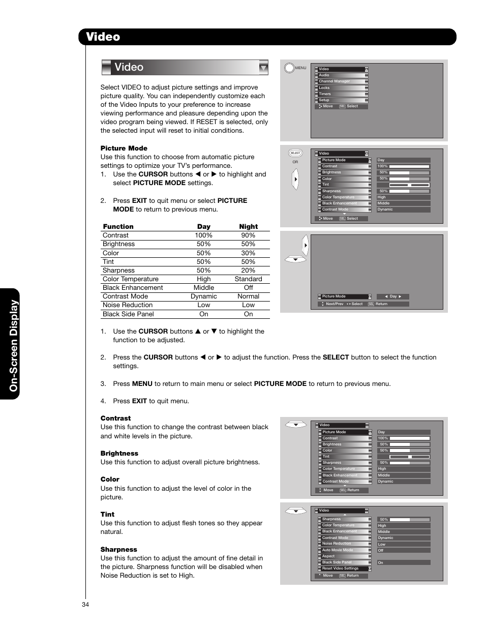 Video, On-scr een display | Hitachi 50V720 User Manual | Page 34 / 72